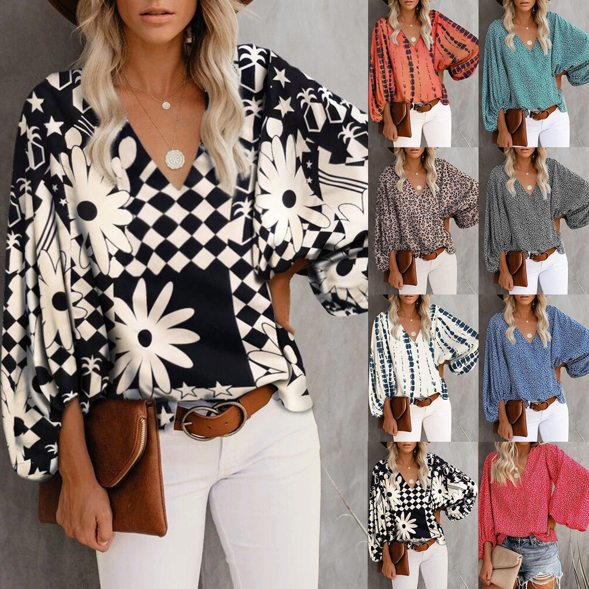 V-neck casual shirt with printed lantern sleeves