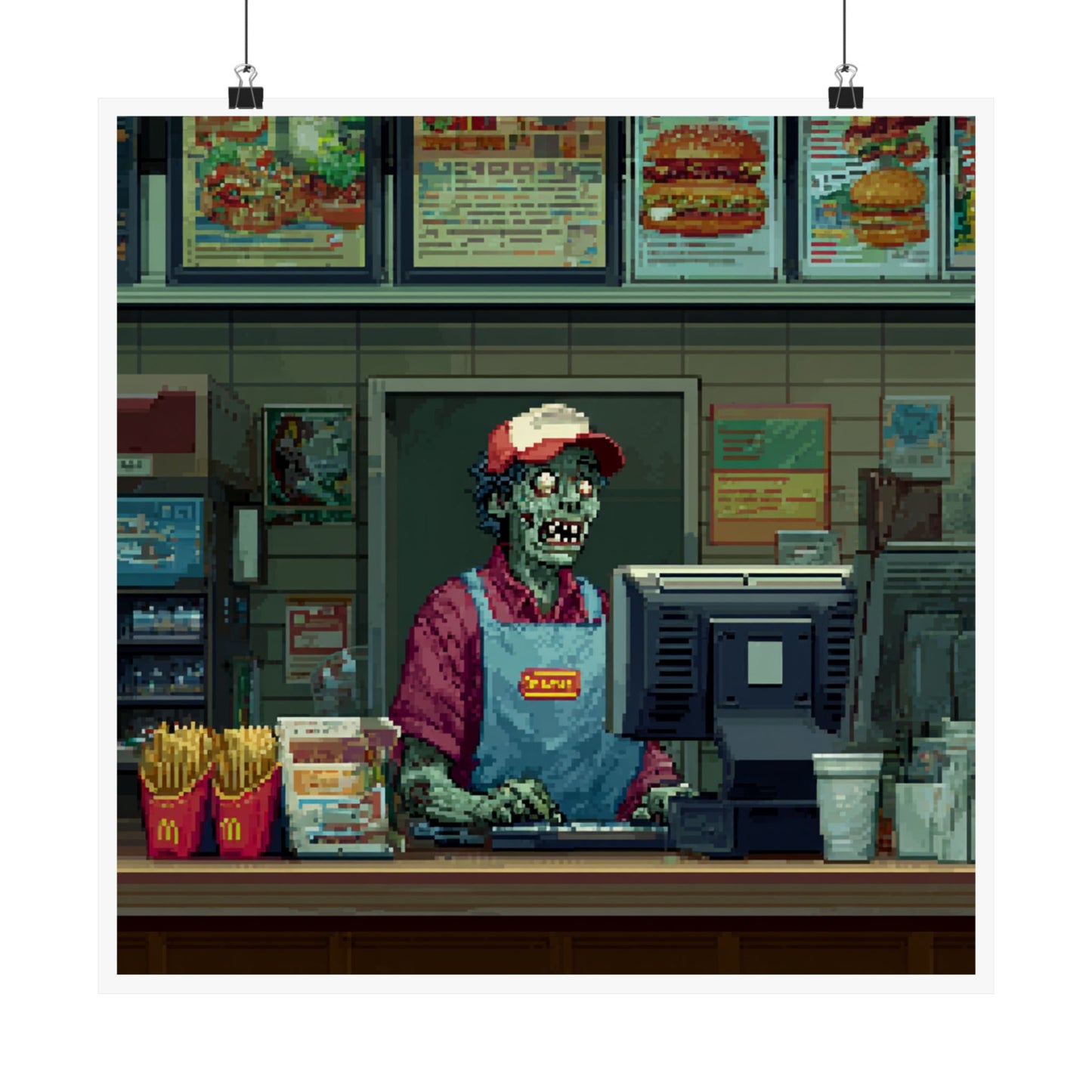 Zombie Fast Food Vertical Poster, Retro Art Print, Unique Wall Decor, Halloween Vibes, Gift for Gamers