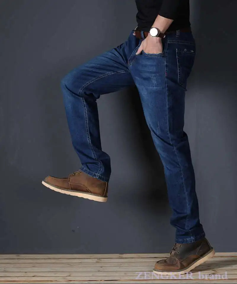 Spring jeans men's stretch blue men's high waist 130kg plus size XL oversized people slim long pants 48 46 44 42 40 38 36