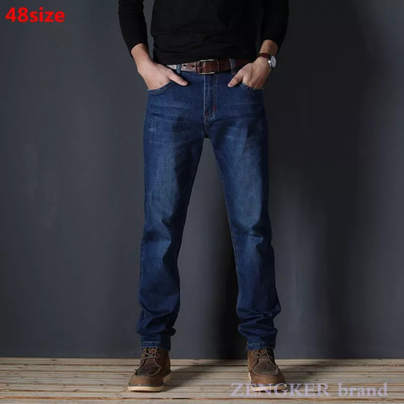 Spring jeans men's stretch blue men's high waist 130kg plus size XL oversized people slim long pants 48 46 44 42 40 38 36