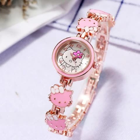 The New KT Cat Watch Women Fashion Cute Children Bracelet Steel Strap Watch Ladies Students Electronic Quartz Watch