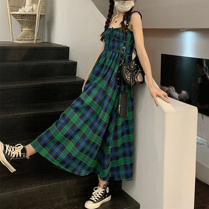 French retro plaid halter dress