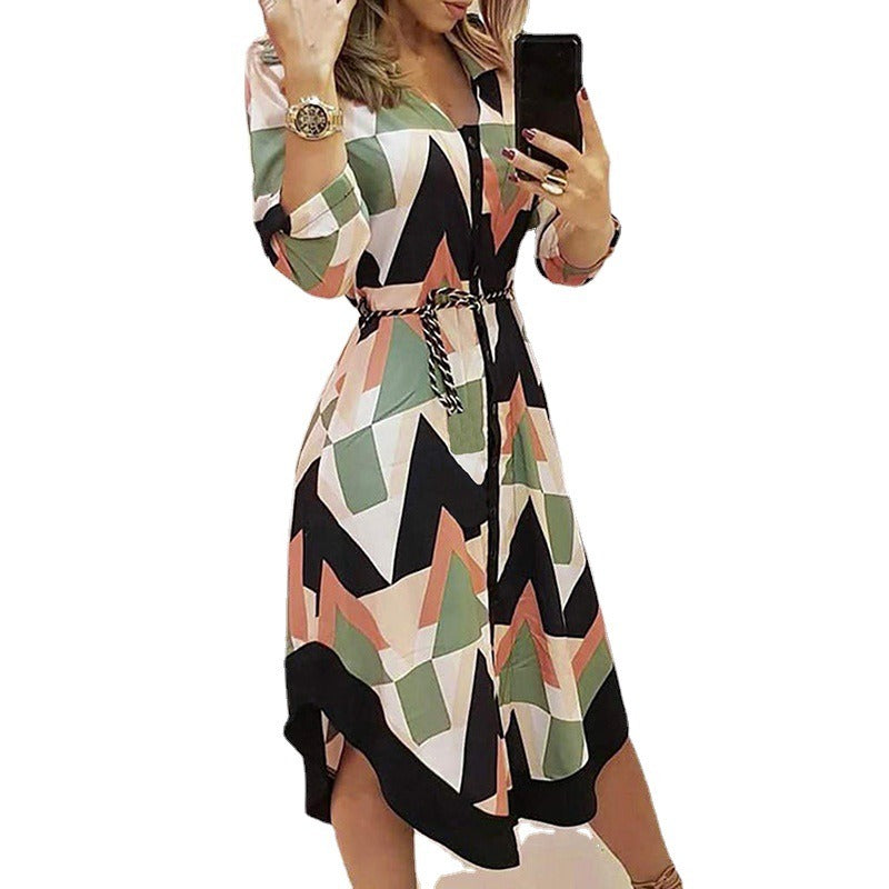 Mid length skirt printed plaid lapel tie up dress