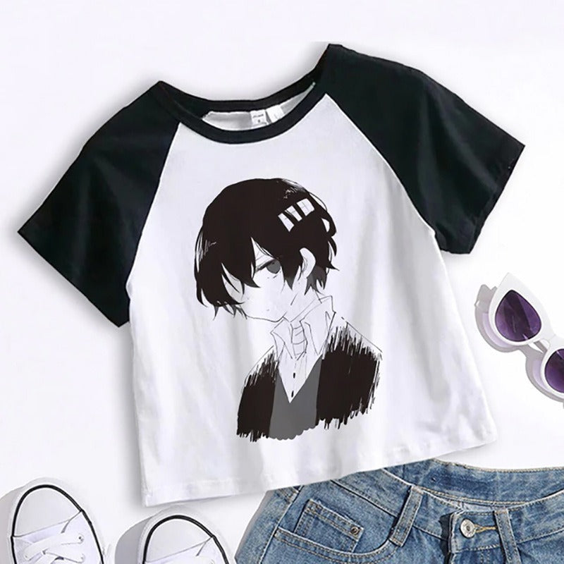 Crop Top Cartoon T Shirt Anime Bungou Stray Dogs Chuuya Nakahara Osamu Dazai Women Tops Tee Summer Clothes Camiseta Streetwear