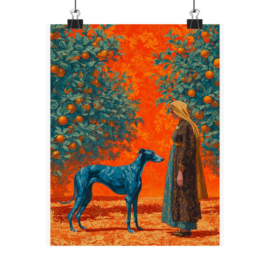 Vibrant Dog and Woman Poster, Vintage Art Print, Home Decor, Gallery Wall Art, Gift for Dog Lovers, Colorful Wall Art