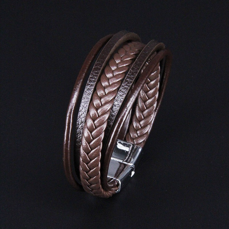 Multi layer handmade woven bracelet for men, European and American jewelry, leather rope magnetic suction vintage bracelet