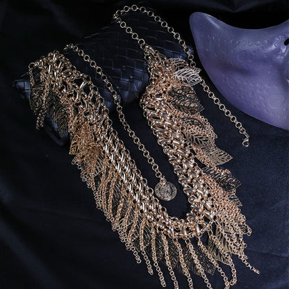 Heavy Industry Waist Chain Multi layered Golden Leaf Tassel Belt