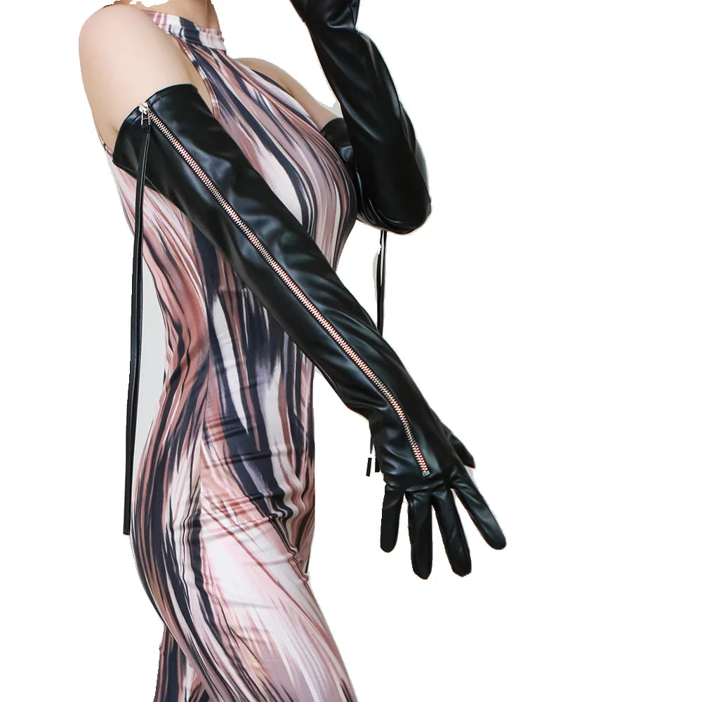 Women Black Zipper Long Tassels Gloves