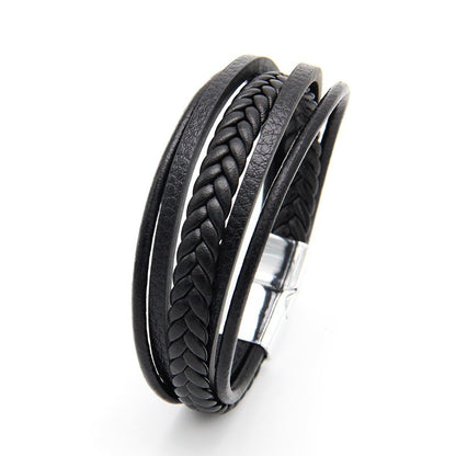 Multi layer handmade woven bracelet for men, European and American jewelry, leather rope magnetic suction vintage bracelet