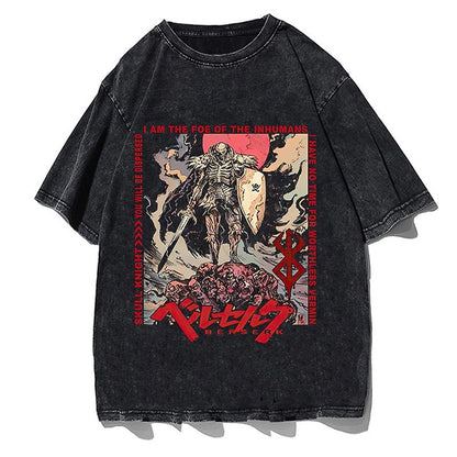 Washed retro trendy brand t-shirt summer new sword style legend anime print loose short-sleeved t-shirt