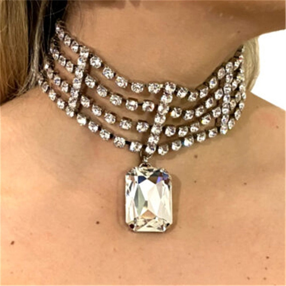 Elegant retro row diamond choker exaggerated light luxury fashion small cold wind necklace woman