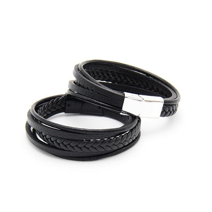 Multi layer handmade woven bracelet for men, European and American jewelry, leather rope magnetic suction vintage bracelet