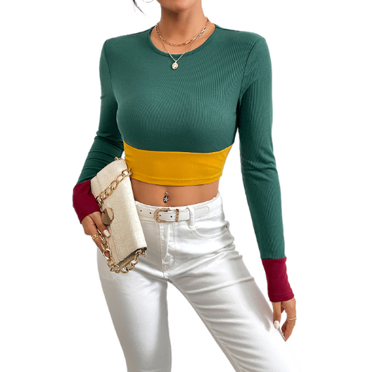 Slim fit round neck short patchwork color contrast long sleeved T-shirt fashion top