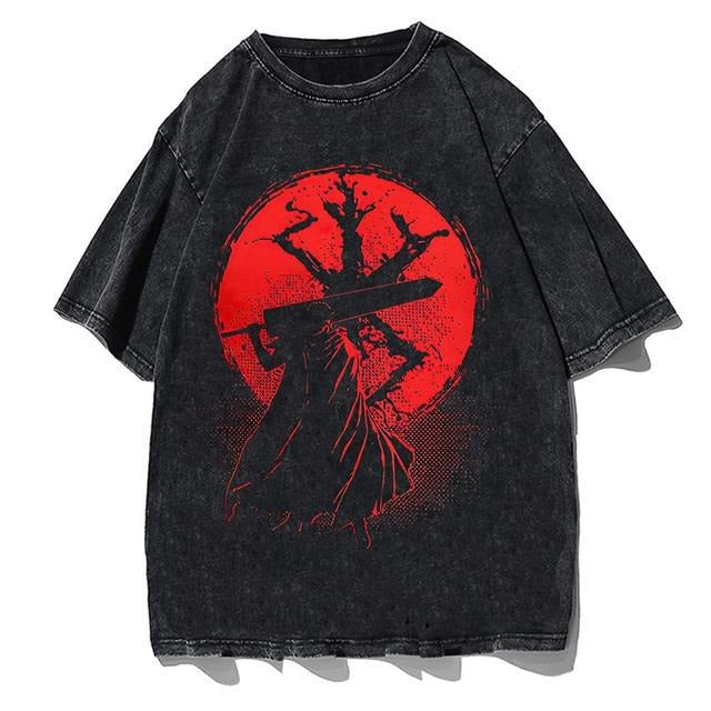 Washed retro trendy brand t-shirt summer new sword style legend anime print loose short-sleeved t-shirt