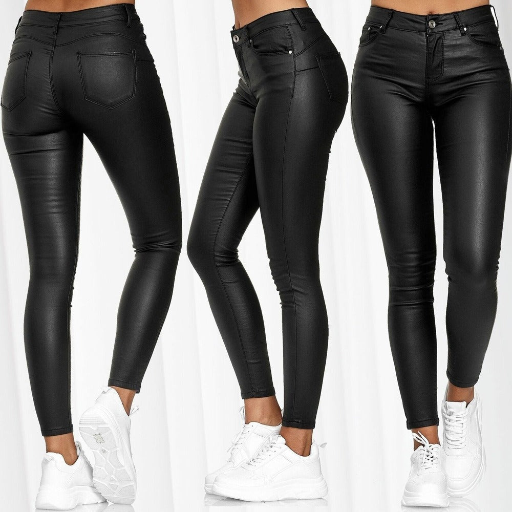 Fashionable high waisted leather pants