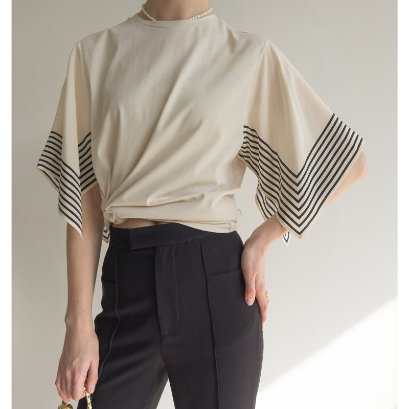 Vintage Elegant Style Silk Sleeves Crew-neck T-shirt