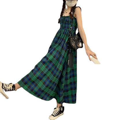 French retro plaid halter dress