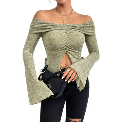 One line neckline split flared sleeve long sleeved knitted T-shirt top