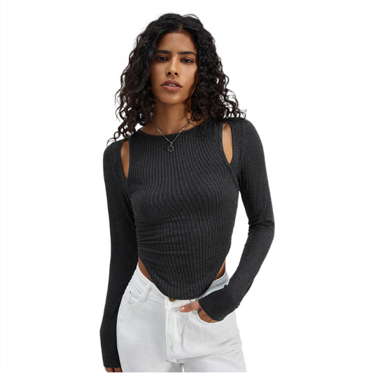 Hollow irregular round neck knitted long sleeved T-shirt fashion top