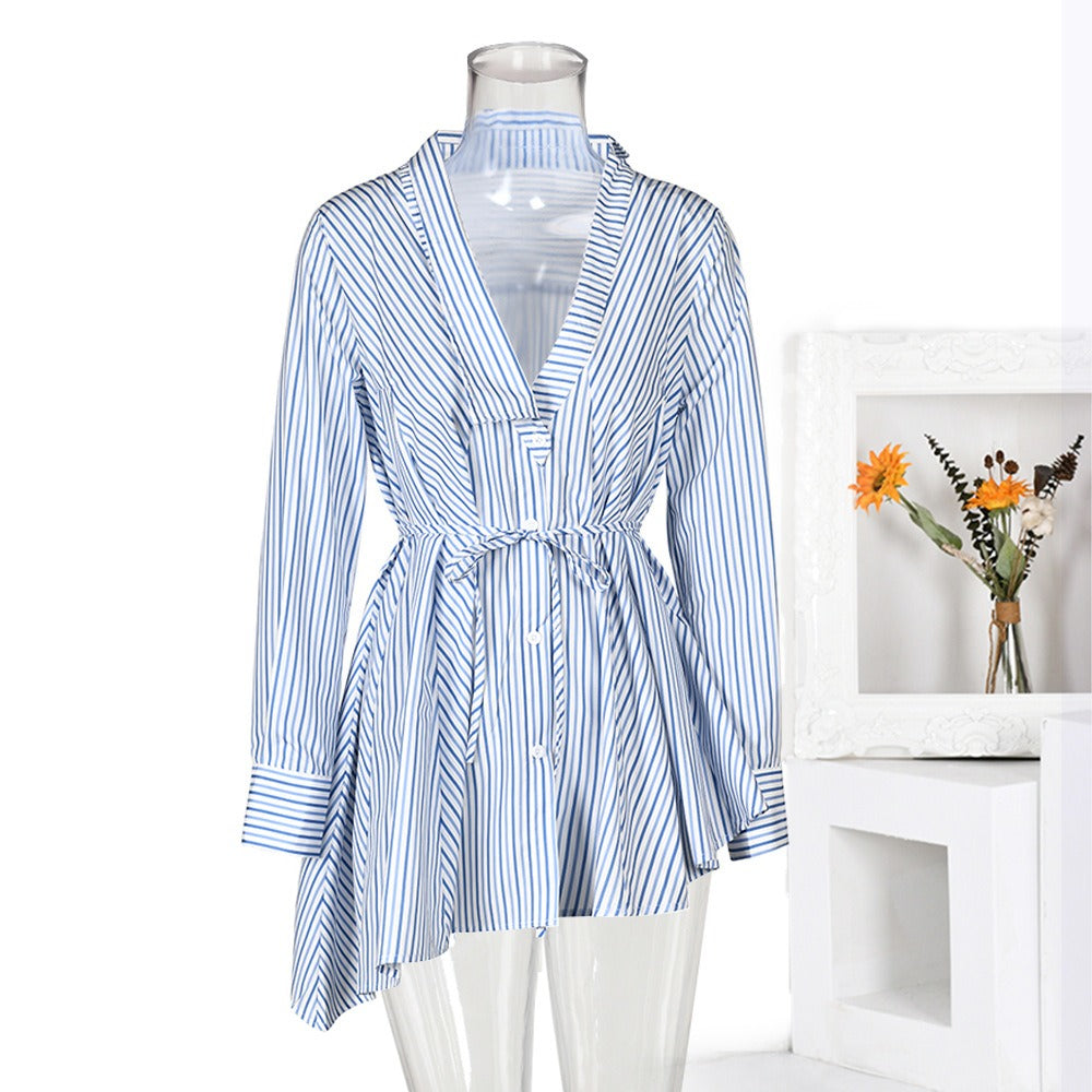 Blue Striped Irregular Blouse