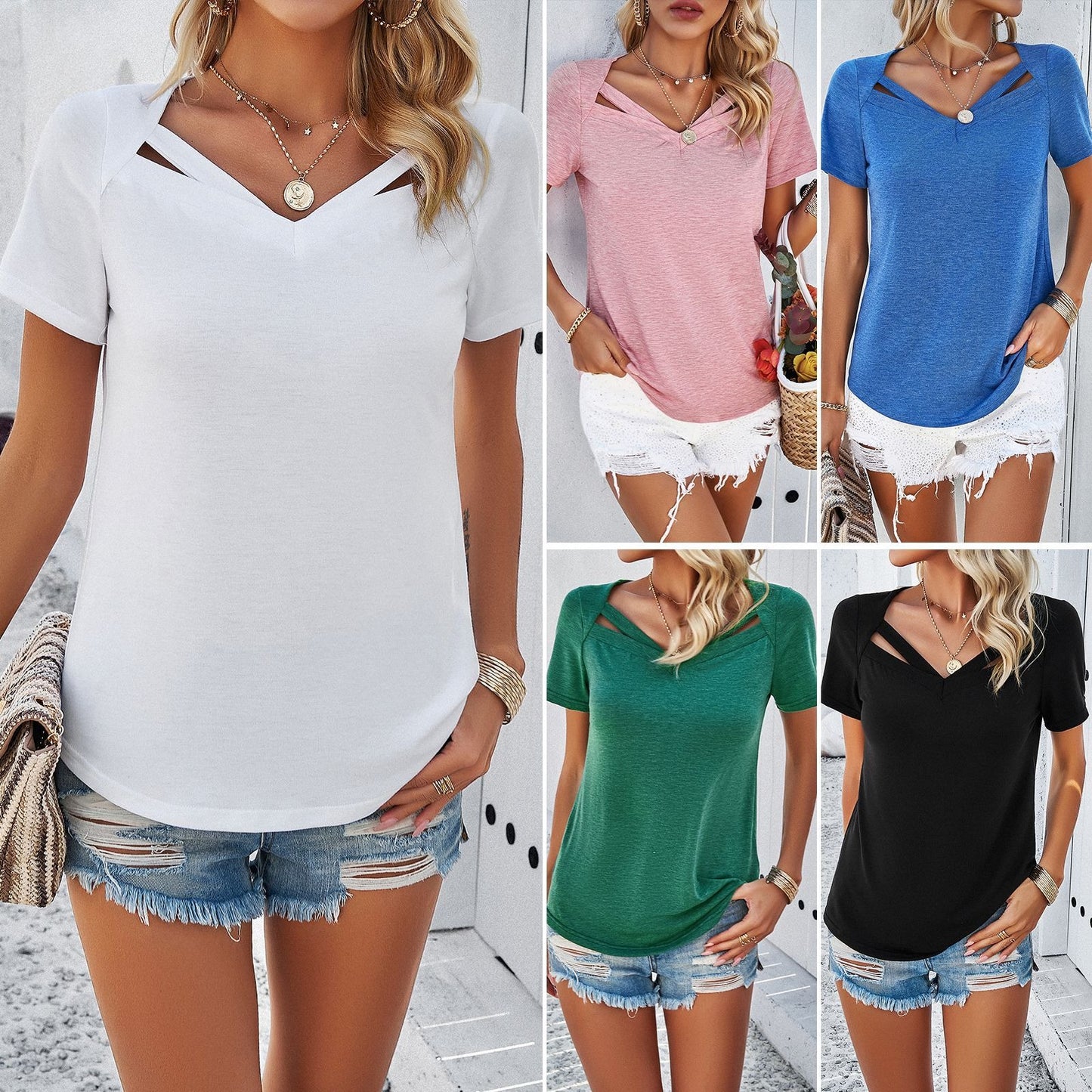 Women's spring summer casual solid color short-sleeved V-neck T-shirt
