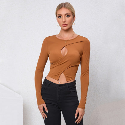 Round neck long sleeved knitted versatile solid color slim fit hollow top