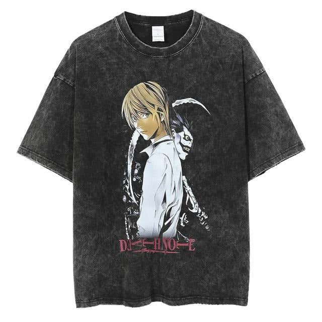 Washed retro men's short-sleeved t-shirt summer anime peripheral printed loose t-shirt for men