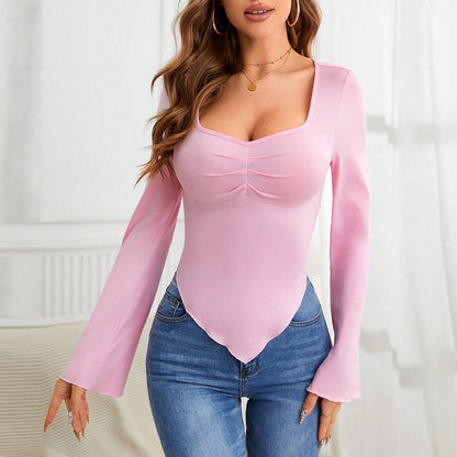 Slim fit hem irregular chicken heart neck knitted long sleeved T-shirt top