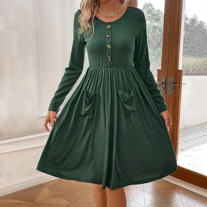 button pocket knitted long sleeved dress