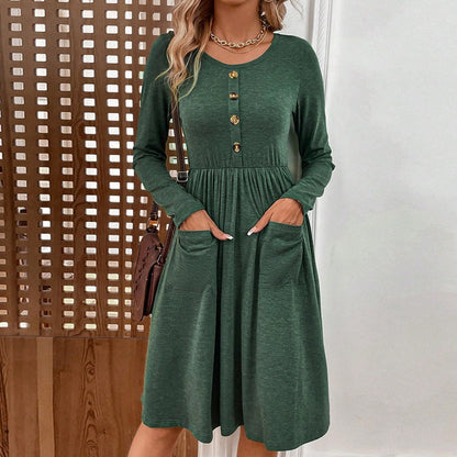 button pocket knitted long sleeved dress