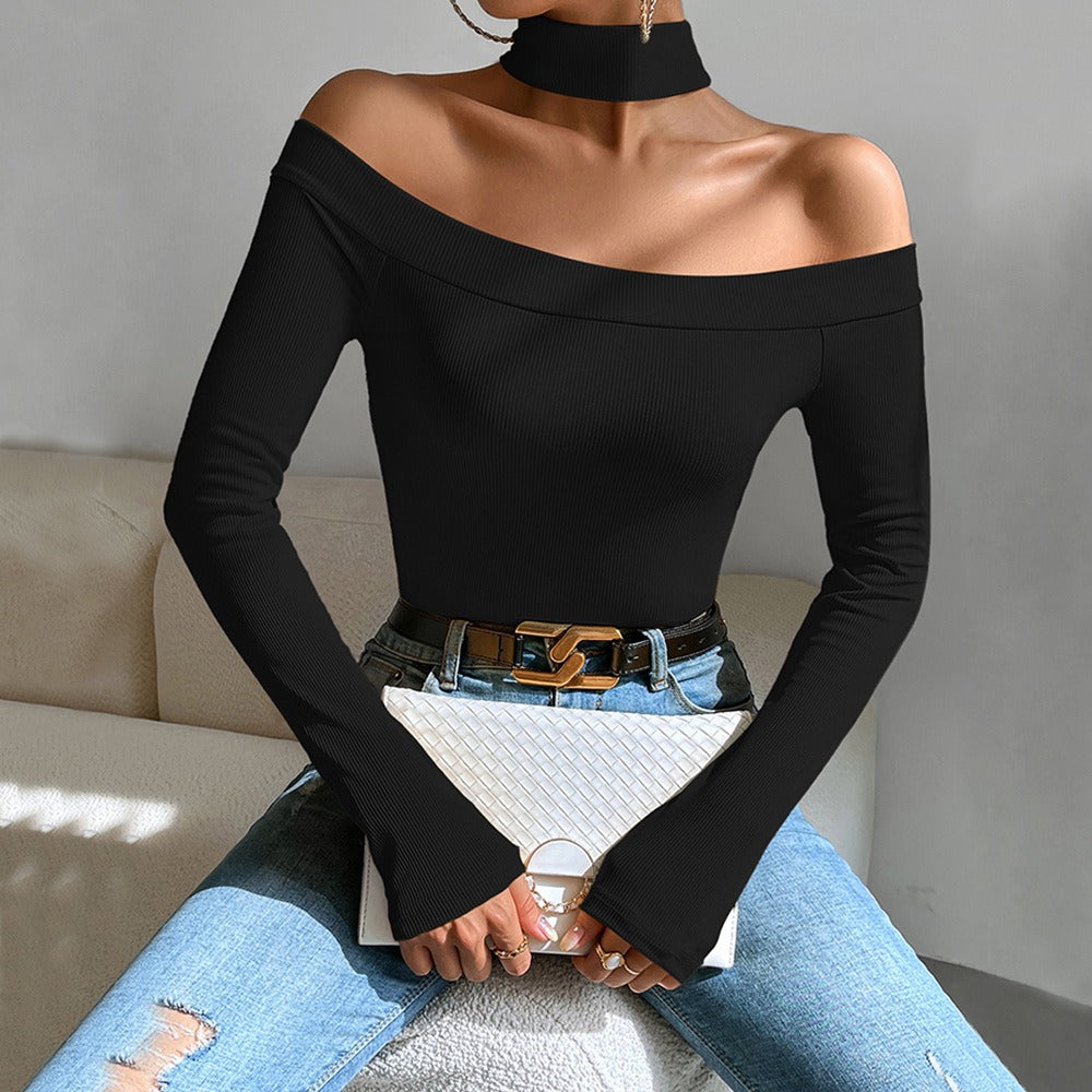 Off shoulder slim knit long sleeved t-shirt with versatile temperament top