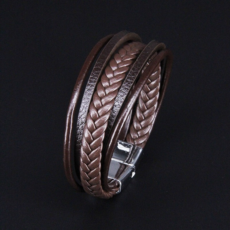 Multi layer handmade woven bracelet for men, European and American jewelry, leather rope magnetic suction vintage bracelet