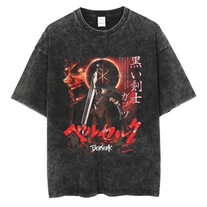 Washed retro trendy brand t-shirt summer new sword style legend anime print loose short-sleeved t-shirt