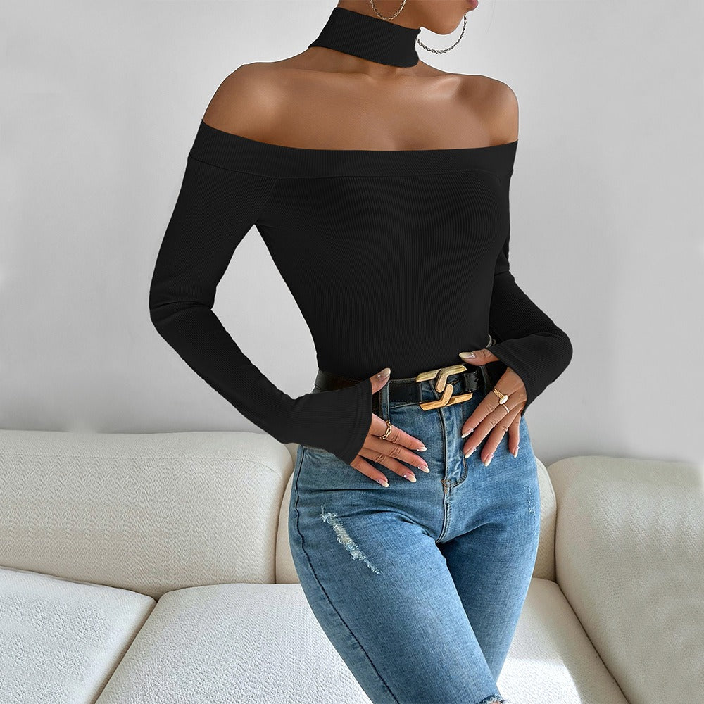 Off shoulder slim knit long sleeved t-shirt with versatile temperament top