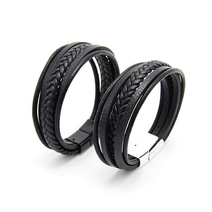 Multi layer handmade woven bracelet for men, European and American jewelry, leather rope magnetic suction vintage bracelet