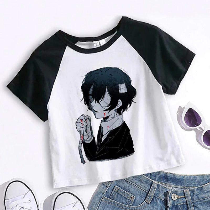 Crop Top Cartoon T Shirt Anime Bungou Stray Dogs Chuuya Nakahara Osamu Dazai Women Tops Tee Summer Clothes Camiseta Streetwear