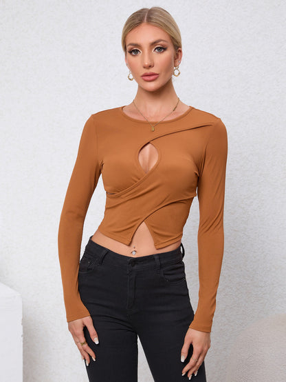 Round neck long sleeved knitted versatile solid color slim fit hollow top