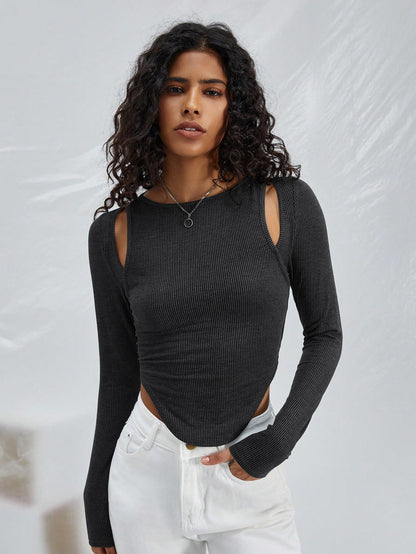 Hollow irregular round neck knitted long sleeved T-shirt fashion top