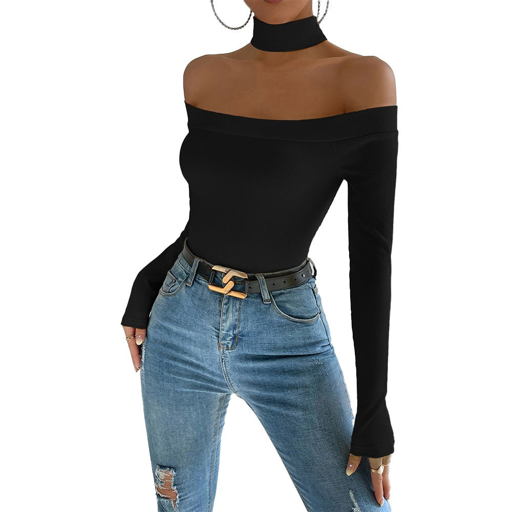 Off shoulder slim knit long sleeved t-shirt with versatile temperament top