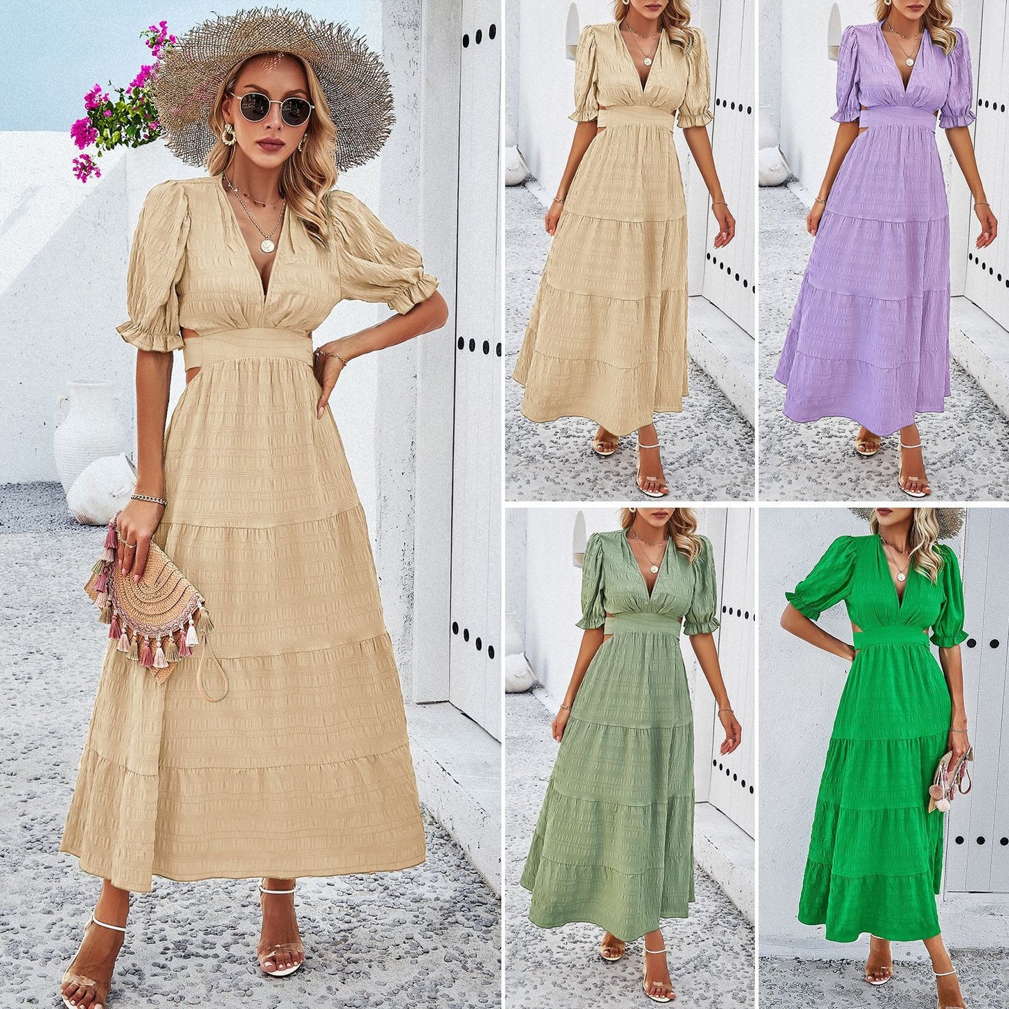 Women's spring summer temperament solid color V-neck waist dress