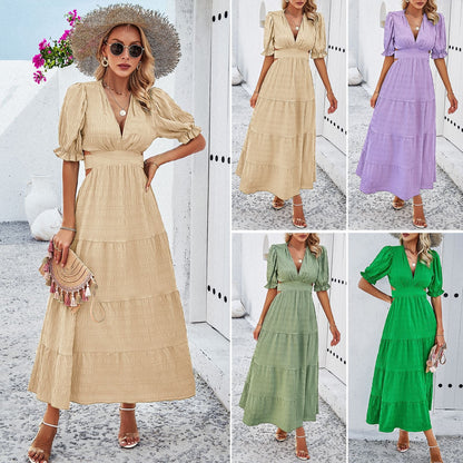 Women's spring summer temperament solid color V-neck waist dress