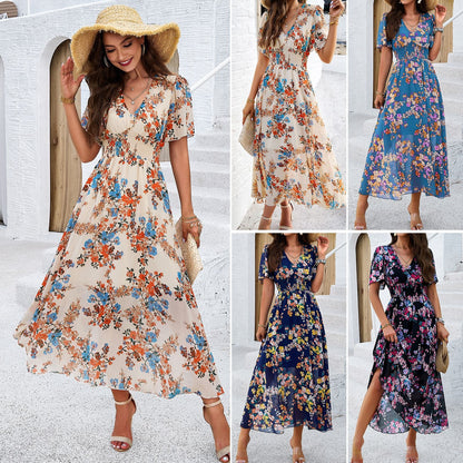 Women's spring/summer style print waist short sleeve dress