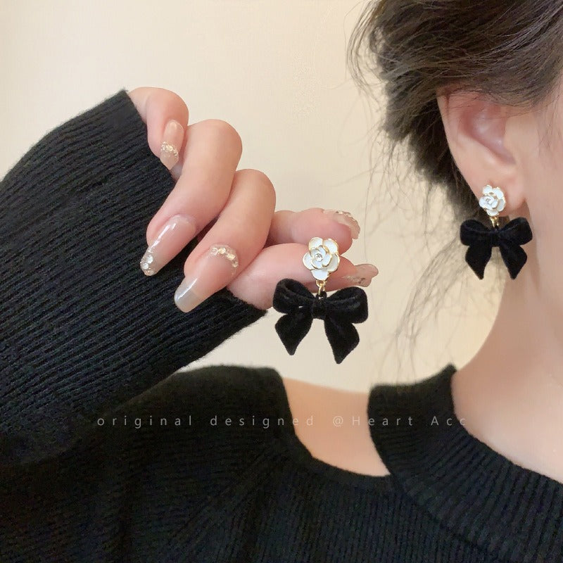 Floral Bowtie Camellia Earrings for Women in Autumn and Winter