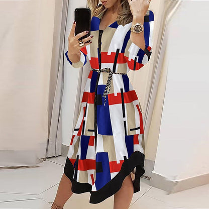 Mid length skirt printed plaid lapel tie up dress