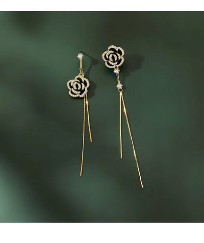 Black rose tassel earrings with micro inlaid zircon stone design, super immortal earrings, temperament, versatile earrings