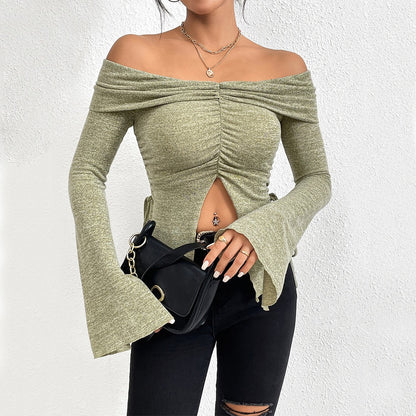 One line neckline split flared sleeve long sleeved knitted T-shirt top