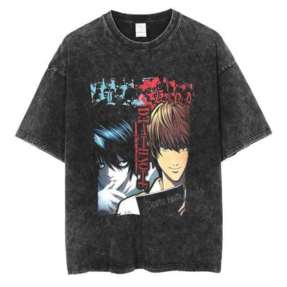 Washed retro men's short-sleeved t-shirt summer anime peripheral printed loose t-shirt for men