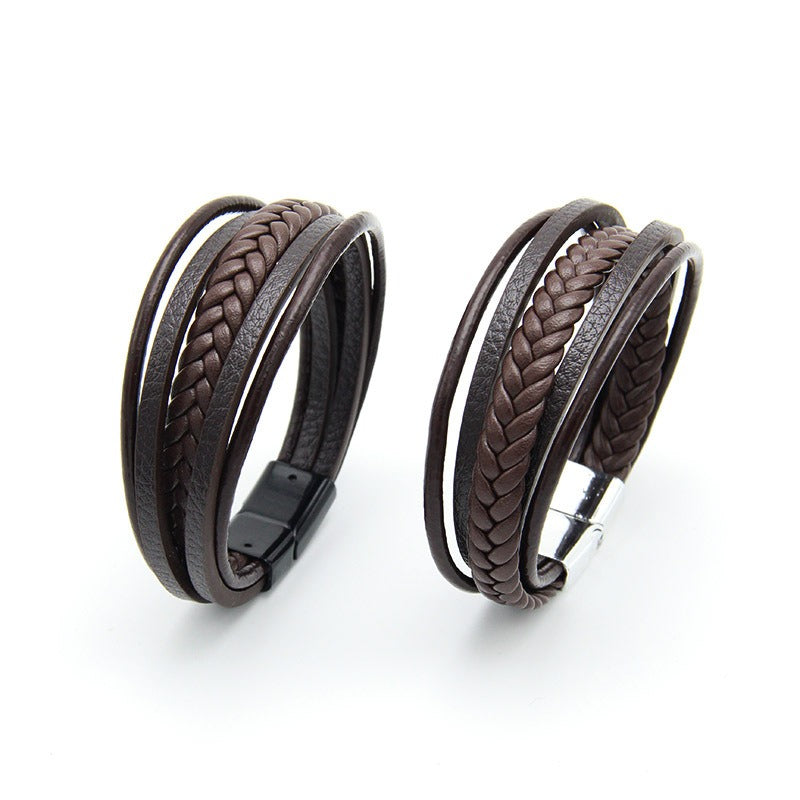 Multi layer handmade woven bracelet for men, European and American jewelry, leather rope magnetic suction vintage bracelet