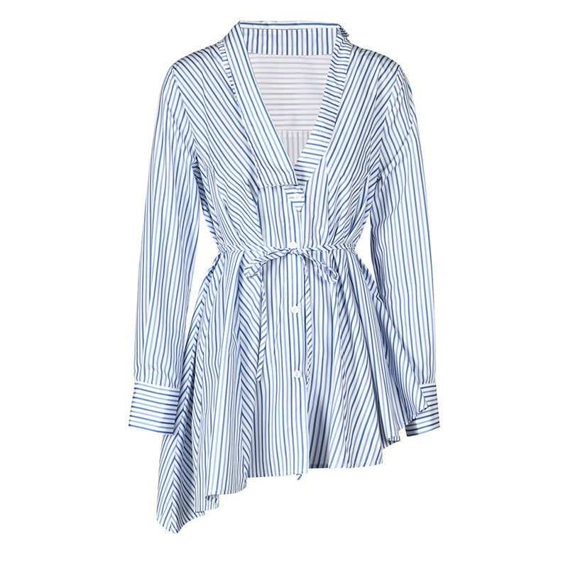 Blue Striped Irregular Blouse