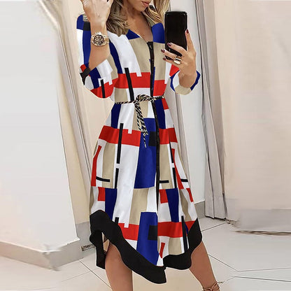 Mid length skirt printed plaid lapel tie up dress